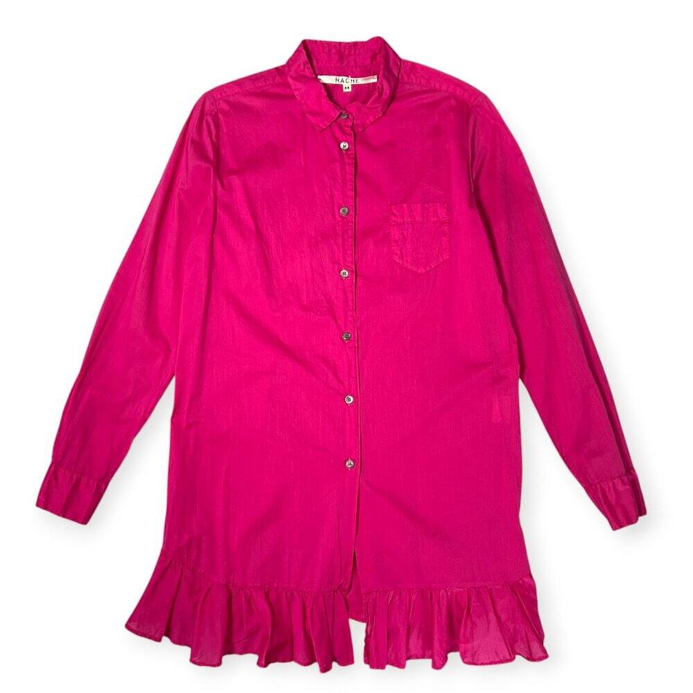 HACHE Frill Hem Mini Shirt Dress 42 US 6 Fuchsia Pink Cotton Italy